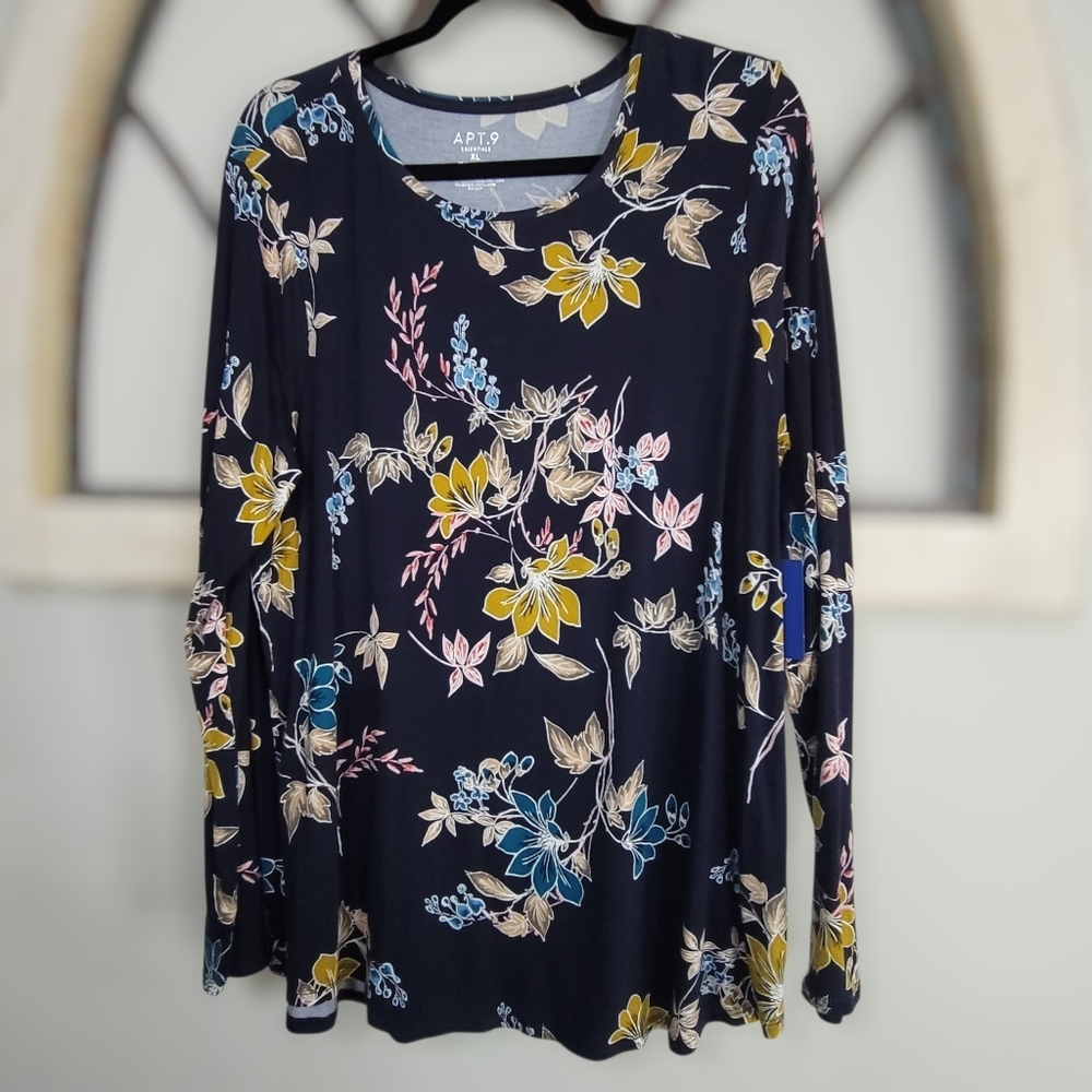 APT.9 women's Essential Crewneck Tee, Navy floral long sleeve, Sz XL
